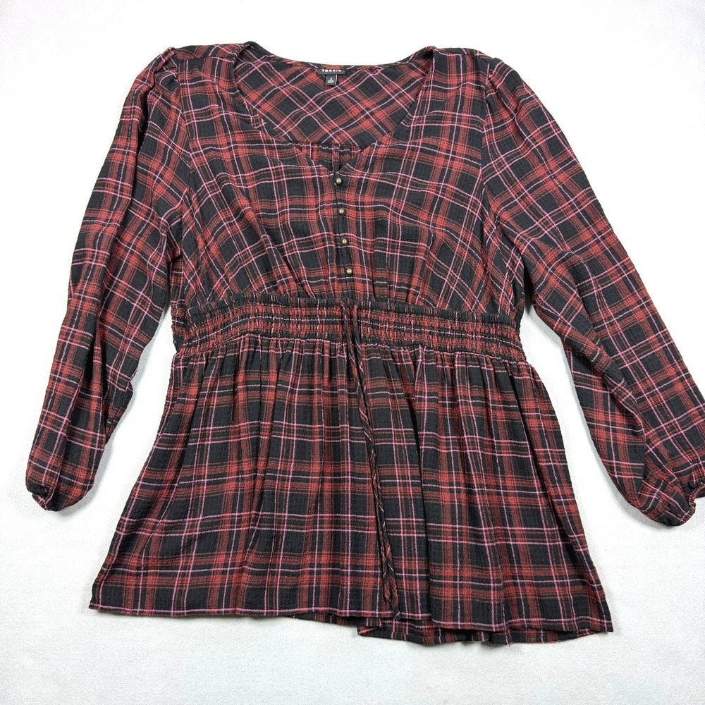 Torrid Red Black Plaid Smocked Waist Babydoll Top V-Neck Blouse Size 2 2X